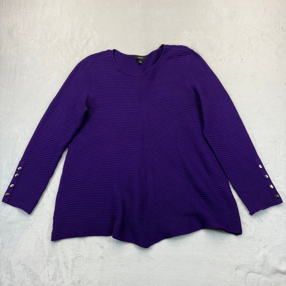Alfani Womens Purple Ribbed Knit Sharkbite Hem Sweater Silver Button Cuff Large
